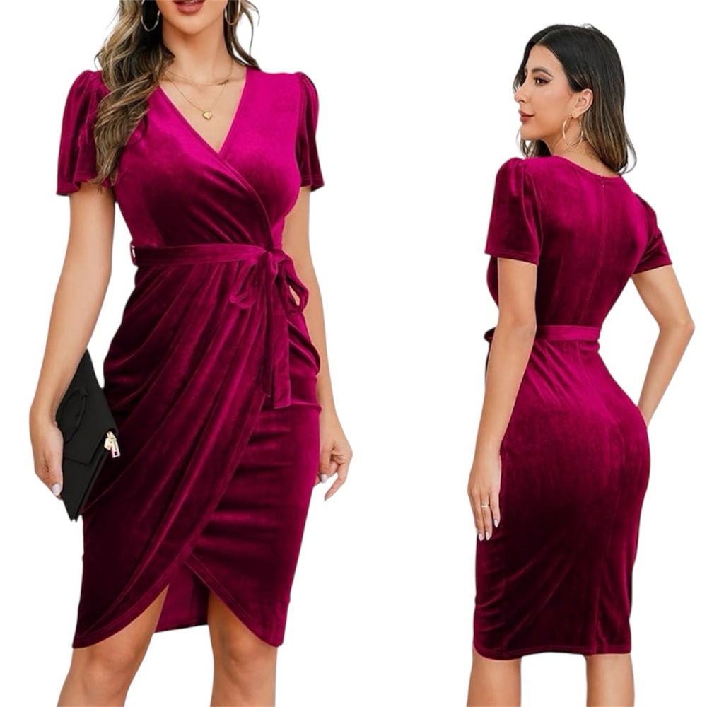 IHOT Raspberry Pink Crushed Velvet Faux Wrap Belted Dress S